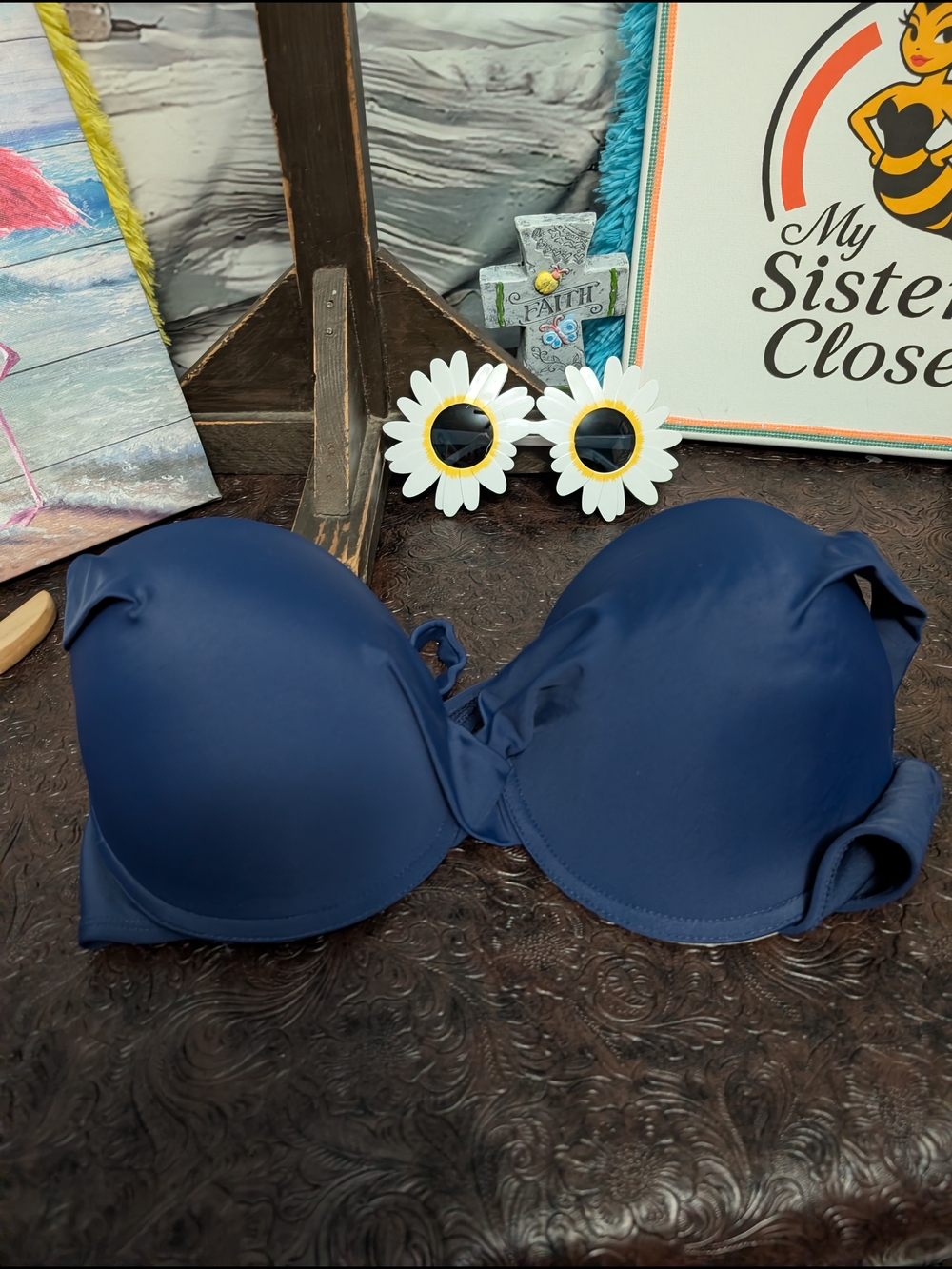 Tropical Escape Navy Blue Women's Swim Top